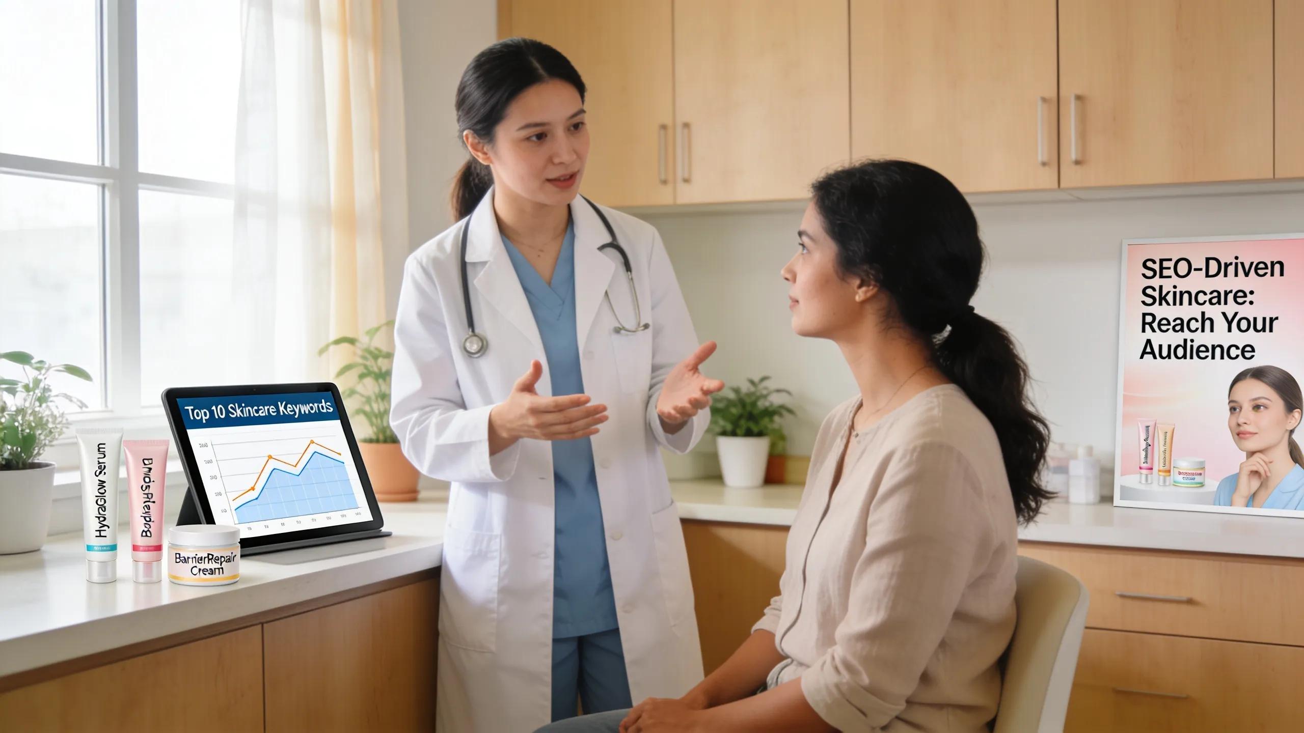 Dermatologist consulting with a patient in a clinic about skincare and SEO strategies