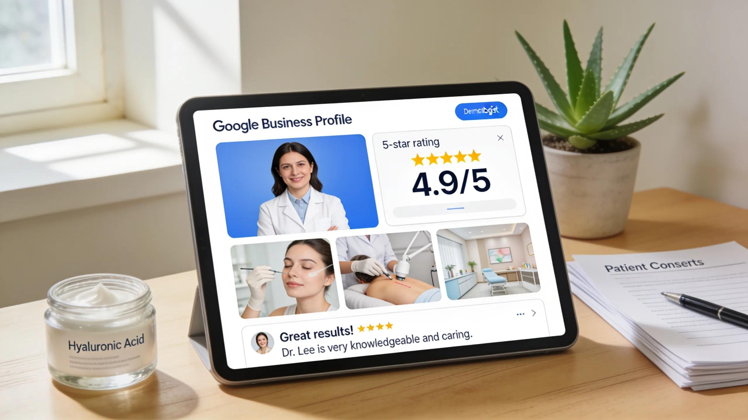 Smart device displaying a well-optimized Google Business Profile for a dermatologist