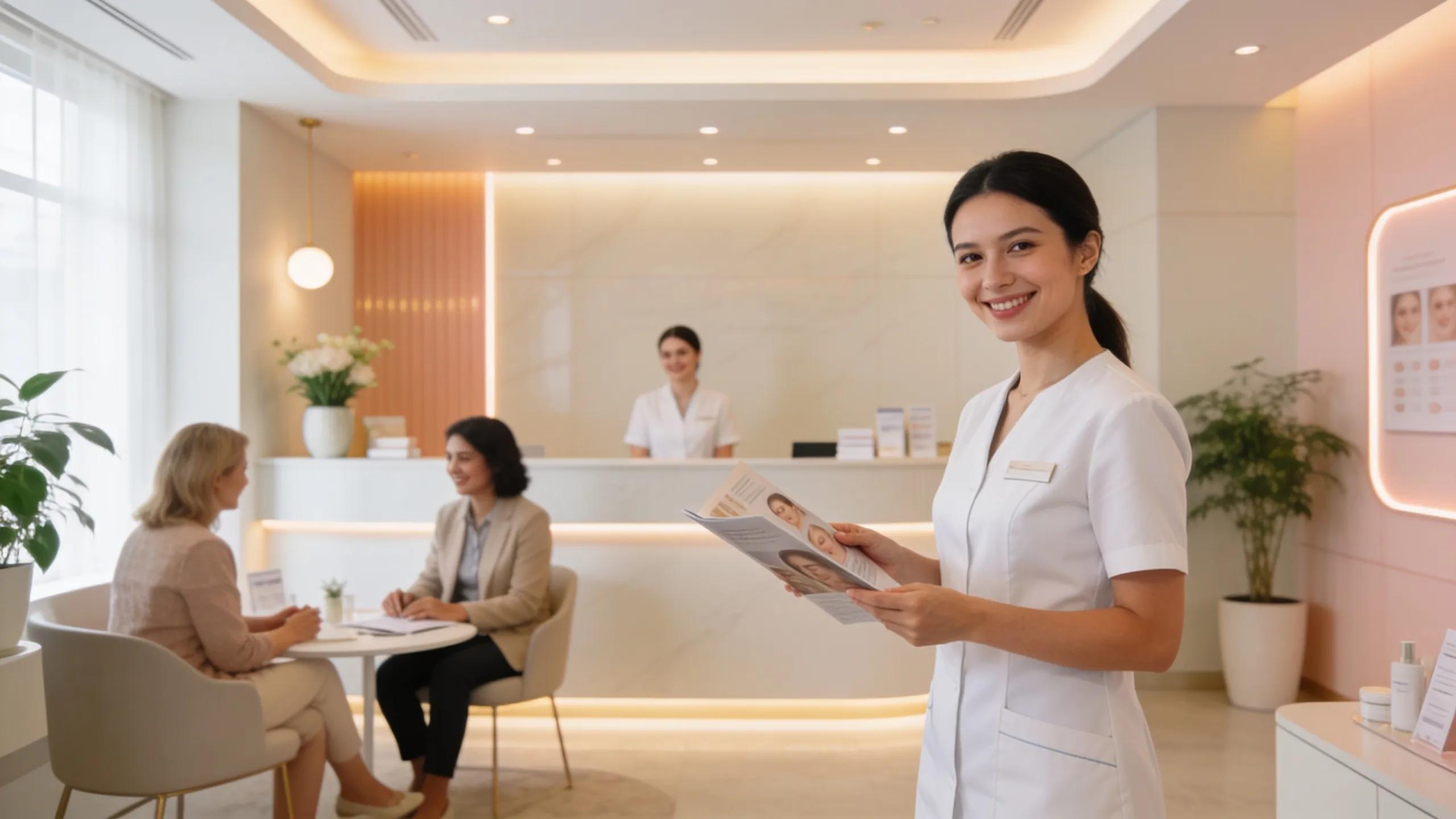 Modern medical aesthetics clinic reception area showcasing friendly staff and inviting decor