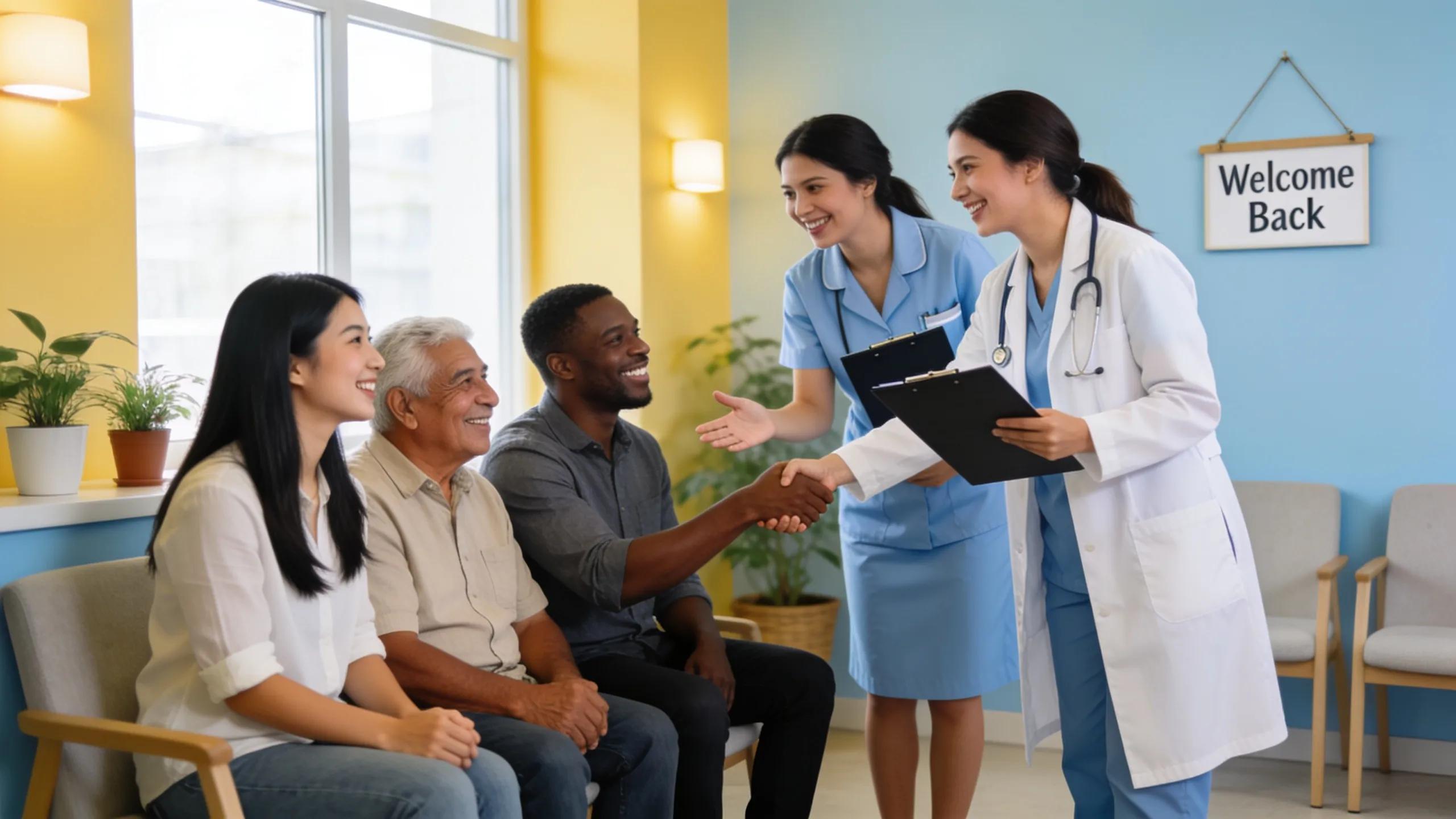 Diverse group of satisfied patients interacting with clinic staff in a welcoming medical aesthetics environment