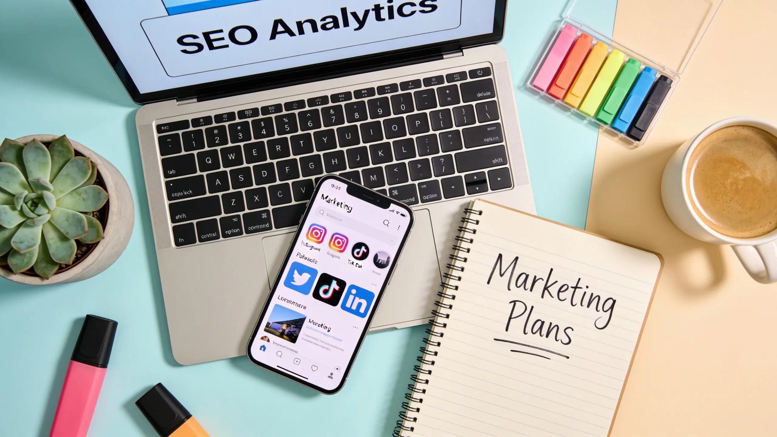 Flat lay of digital marketing tools representing strategies such as SEO analytics and social media engagement