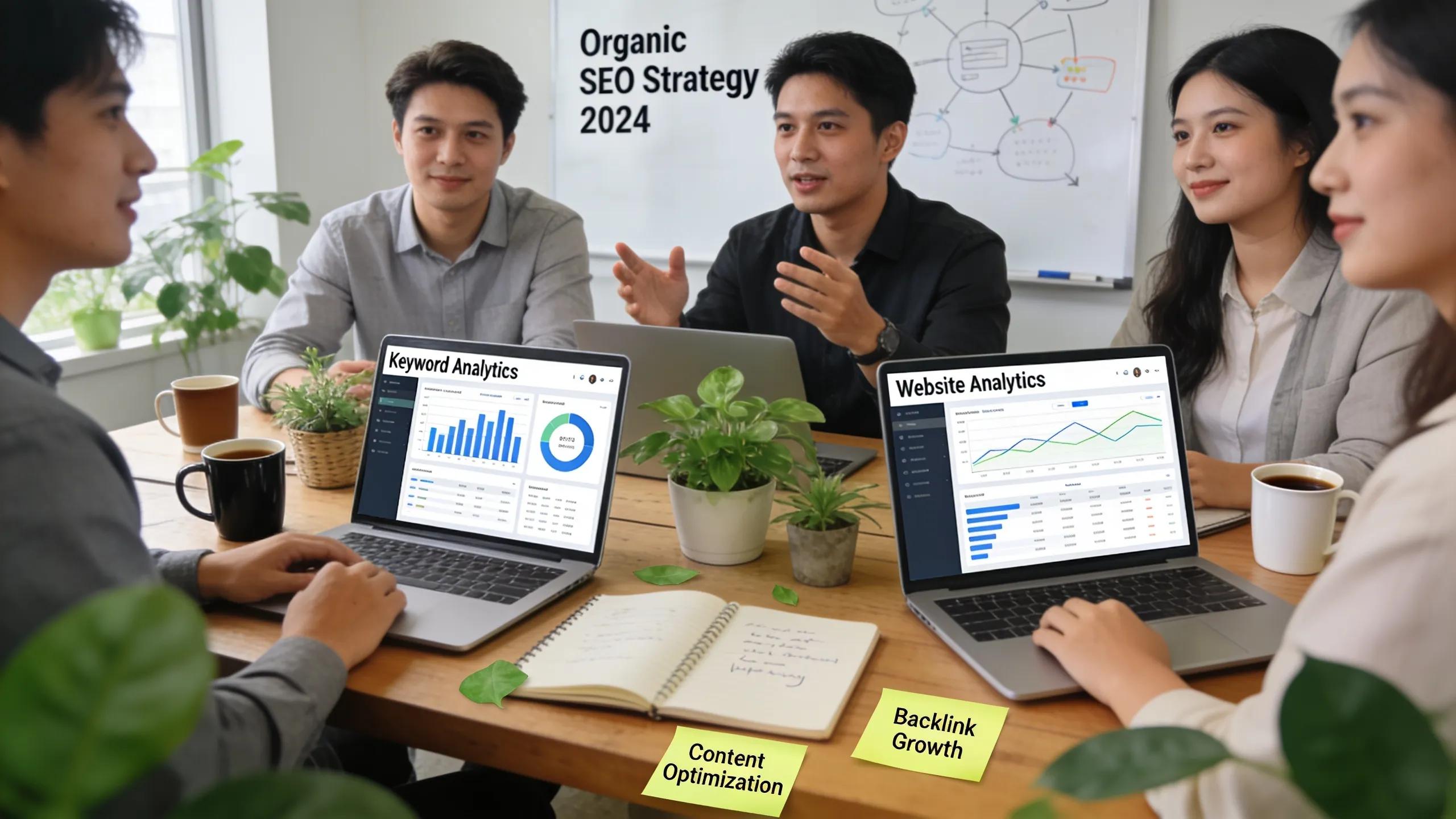 Team brainstorming organic SEO strategies in a collaborative environment