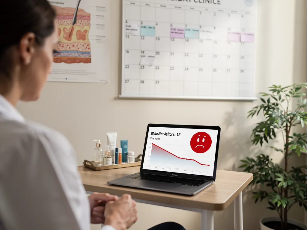 dermatologist reviewing patient drop-off data on digital dashboard in modern clinic